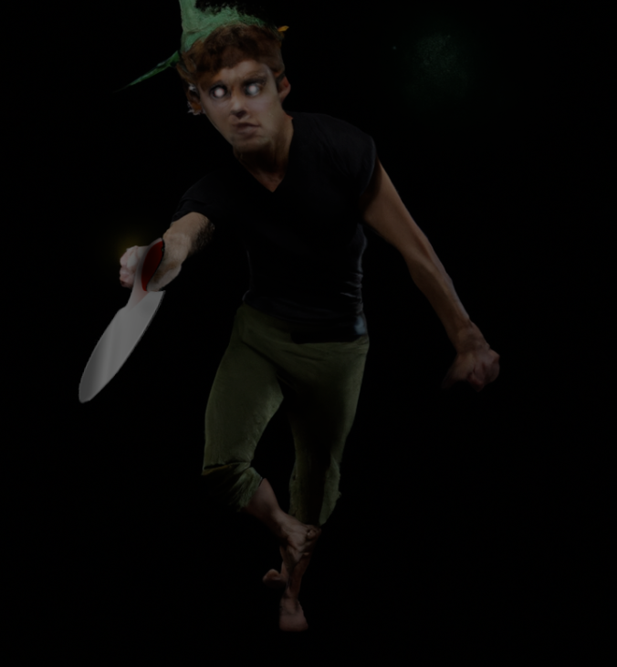 Peter Pan nightmare with glowing eyes coming for you in the pitch dark